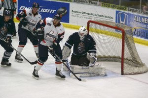 Darren Archibald parks himself in front of the net during Friday nights game against the Greenville Road Warriors.