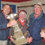 Martha Parfet (center) celebrates the K-Wings 2006 Colonial Cup Championship with her husband, Ted (right) and then K-Wings General Manager, Paul Pickard.